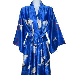 Vintage Knee Length Satin Blue Kimono Robe L White Crane Design Made in Japan